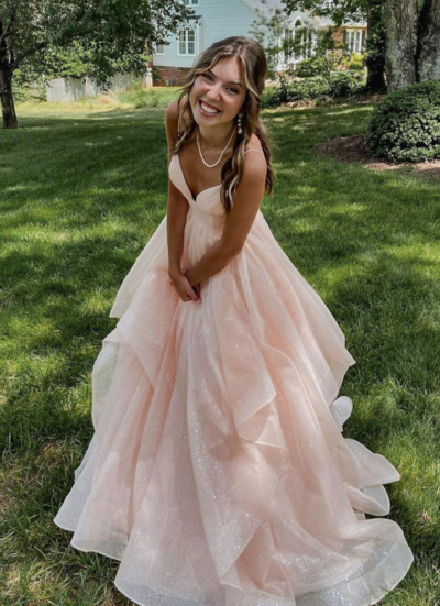 Beautiful Pink V Neck Tulle Formal Prom Dresses With Backless