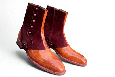 Crafted Leather Bespoke Dress Shoes Two Tone Brown Patent Leather & Suede Ankle High Button Boot 