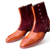 Crafted Leather Bespoke Dress Shoes Two Tone Brown Patent Leather & Suede Ankle High Button Boot  - Thumbnail 1