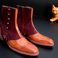 Crafted Leather Bespoke Dress Shoes Two Tone Brown Patent Leather & Suede Ankle High Button Boot  - Thumbnail 3
