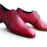 Crafted Leather Handmade Men Classic Red Ostrich Leather Lace up Dress Shoes - Thumbnail 1
