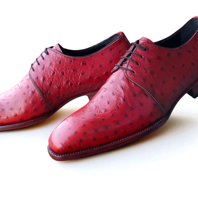 Crafted leather handmade men classic red ostrich leather lace up dress shoes - Thumbnail 1