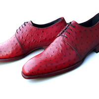 Crafted Leather Handmade Men Classic Red Ostrich Leather Lace up Dress Shoes - Thumbnail 3