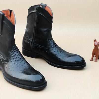Crafted leather handmade men classic black ostrich leather cowboy boot