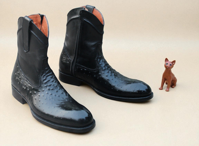 Crafted Leather Handmade Men Classic Black Ostrich Leather Cowboy Boot