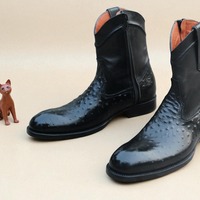 Crafted Leather Handmade Men Classic Black Ostrich Leather Cowboy Boot - Thumbnail 1