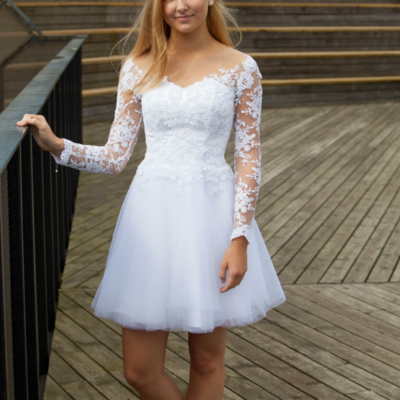Elegant white lace appliques long sleeves short homecoming dress 