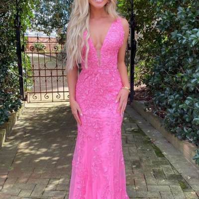 Charming a line v neck pink lace prom dresses 