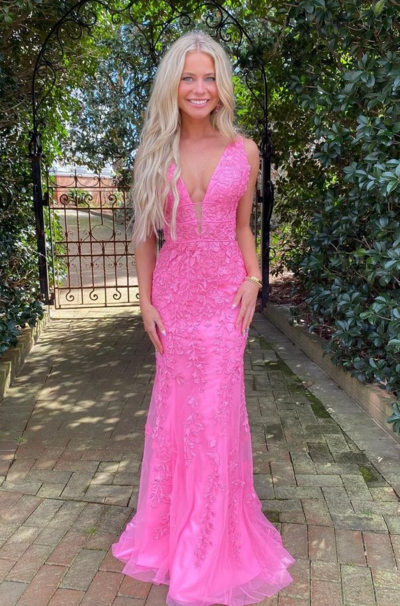 Charming A Line V Neck Pink Lace Prom Dresses 