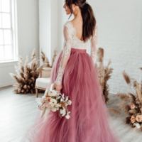 Beautiful V Neck Pink Ivory Lace Tulle Prom Dresses - Thumbnail 1