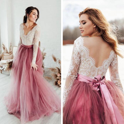 Beautiful v neck pink ivory lace tulle prom dresses