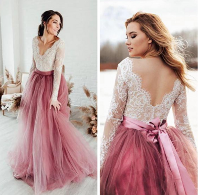 Beautiful V Neck Pink Ivory Lace Tulle Prom Dresses