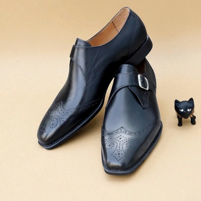 Crafted leather handmade classic black calf leather wingtip monk strap dress shoes - Thumbnail 4