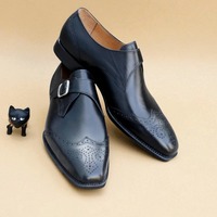 Crafted Leather Handmade Classic Black Calf Leather Wingtip Monk Strap Dress Shoes - Thumbnail 1