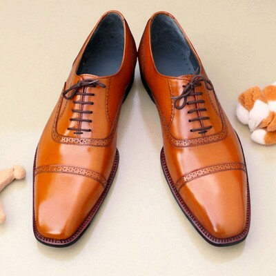Crafted leather handmade classic tan leather lace up dress shoes - Thumbnail 2