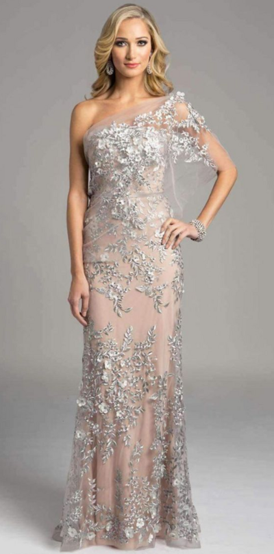 One Shoulder Champagne Silver Appliques Evening Dress