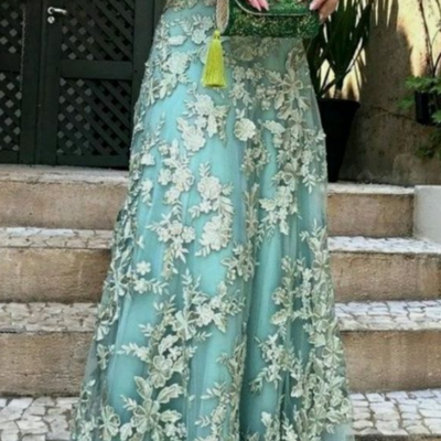 Off shoulder a line green prom dress with lace appliques evening gowns  - Thumbnail 1