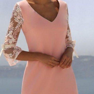 Sheath short v neck evening dress with lace 