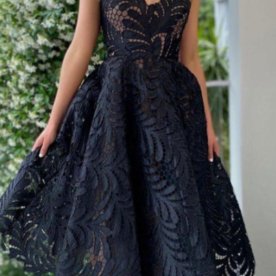 Sweetheart black lace tea-length prom dresses