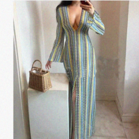 Yarn-dyed loose V-neck long-sleeved dress - Thumbnail 1