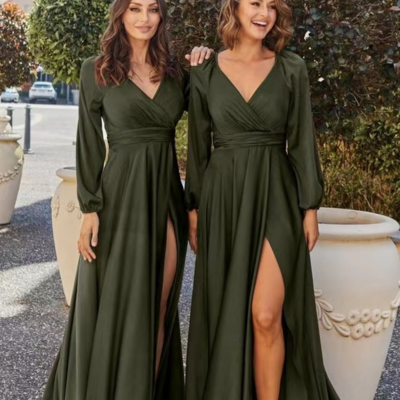 Simple olive green v neck prom dress for party