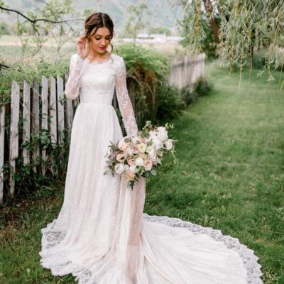 Modest a-line long sleeves lace wedding dresses