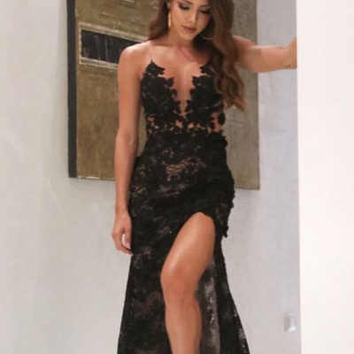 Sexy black lace split formal prom dresses - Thumbnail 2