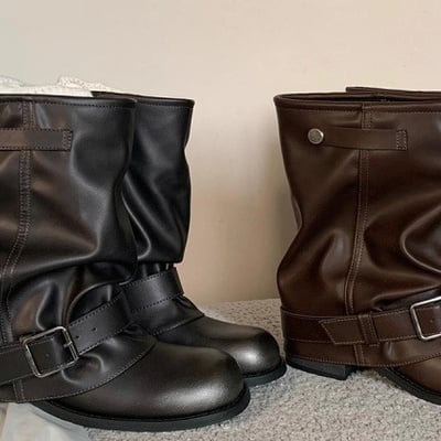 Heightened trouser boots with pleated buckle short boots 2 colors