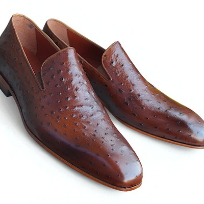Crafted leather handmade men classic brown ostrich moccasin loafers dress shoes - Thumbnail 2