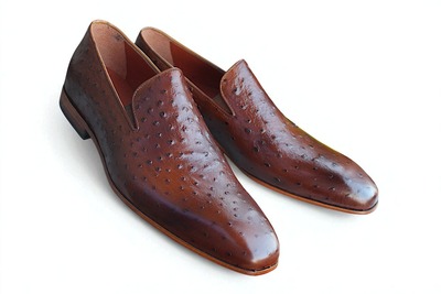 Crafted Leather Handmade Men Classic Brown Ostrich Moccasin Loafers Dress Shoes