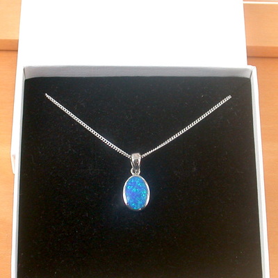 Boxed gift/sterling silver blue opal oval pendant & 18" chain/blue opal necklace/blue opal jewellery/october birthstone/uk