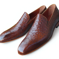 Crafted Leather Handmade Men Classic Brown Ostrich Moccasin Loafers Dress Shoes - Thumbnail 1