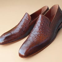 Crafted Leather Handmade Men Classic Brown Ostrich Moccasin Loafers Dress Shoes - Thumbnail 2
