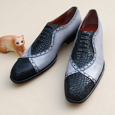Crafted leather classic gray calf black crocodile leather lace up dress shoes  - Thumbnail 1