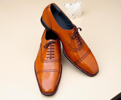 Crafted Leather Handmade Classic Tan Leather Lace up Dress Shoes