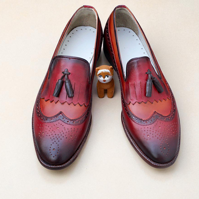 Crafted leather classic brown patina leather fringes tassel loafers dress shoes