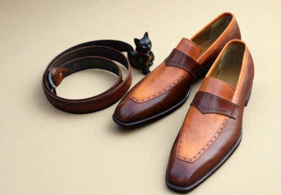 Crafted Leather Classic Brown Tan Leather Moccasin Loafers Dress Shoes with Matching Belt
