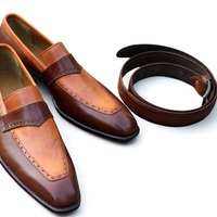 Crafted Leather Classic Brown Tan Leather Moccasin Loafers Dress Shoes with Matching Belt - Thumbnail 1