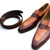 Crafted Leather Classic Brown Tan Leather Moccasin Loafers Dress Shoes with Matching Belt - Thumbnail 2