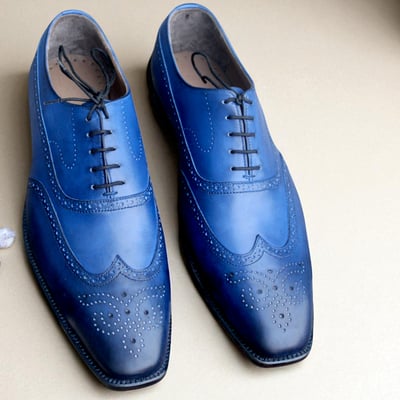 Crafted leather classic blue leather wingtip oxford dress shoes - Thumbnail 1