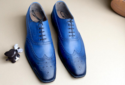 Crafted Leather Classic Blue Leather Wingtip Oxford Dress Shoes