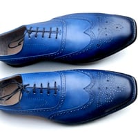 Crafted Leather Classic Blue Leather Wingtip Oxford Dress Shoes - Thumbnail 2