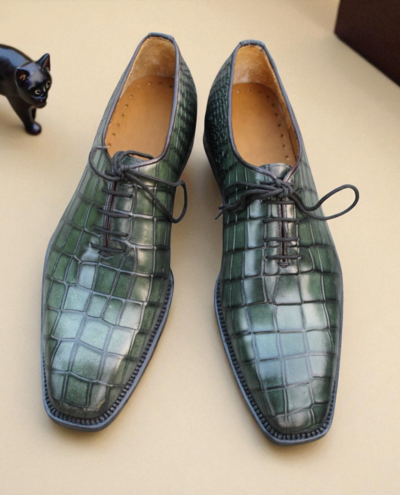 Crafted Leather Classic Green Crocodile/Alligator Leather Dress Shoes 