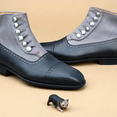 Crafted leather handmade men black gray leather button ankle high boot