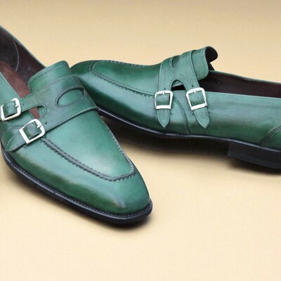 Crafted leather handmade green leather double monk strap dress shoes - Thumbnail 2