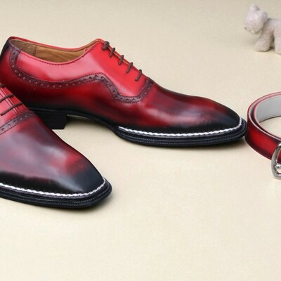 Crafted leather handmade mens burgundy leather dress formal shoes with matching belt - Thumbnail 2