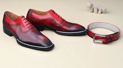 Crafted Leather Handmade Mens Burgundy Leather Dress Formal Shoes with Matching Belt
