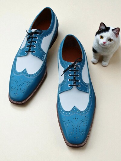 Crafted Leather Classic and Elegant Blue White Leather Wingtip Oxford Dress Shoes