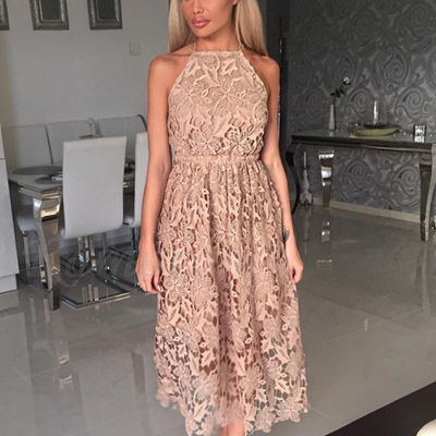 Simple a-line halter open back champagne lace wedding guest dresses,short bridesmaid dresses,party dresses,1965