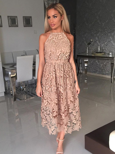 Simple A-Line Halter Open Back Champagne Lace Wedding Guest Dresses,Short Bridesmaid Dresses,Party Dresses,1965